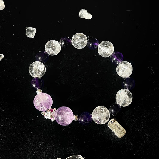 【Debutante Ball】 Prehnite, Amethyst & Flash Clear Quartz With Red Diamond Stamen Osmanthus Accessory Crystal Bracelet (Elastic)