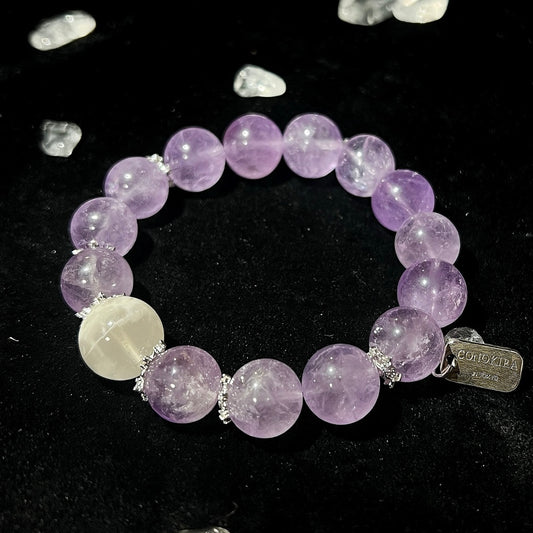 【Dream-filled Night】Lavender Quartz,Pink Phantom Quartz crystal With Diamond-studded Flower Mount Silver Jewelry Crystal Bracelet(Elastic)