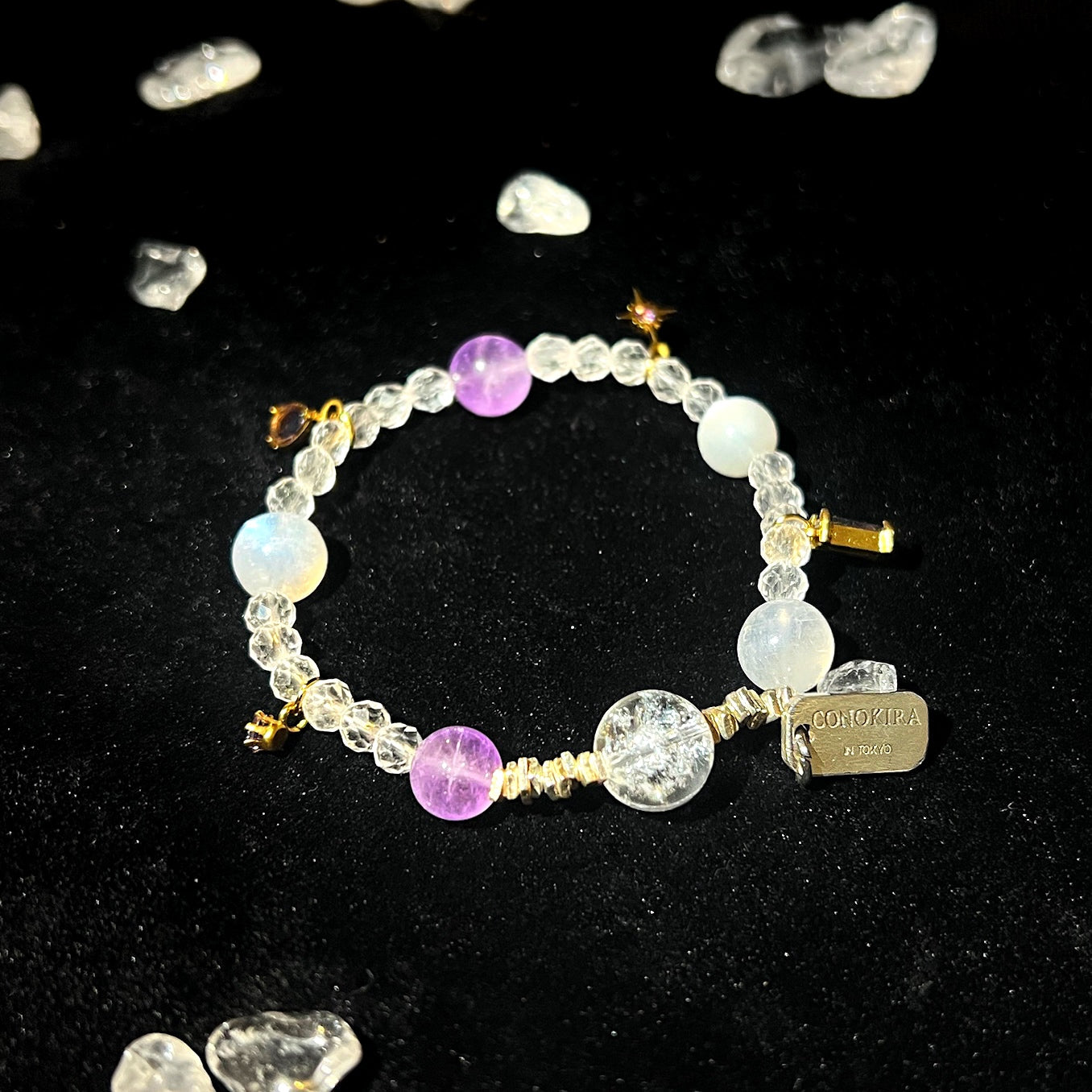 【Miracle in December】Clear Quartz ,Lavender Quartz & Blue Flash Moonstone With Alien Purple Diamond Mini Pendant & Crushed Silver Jewelry(Elastic