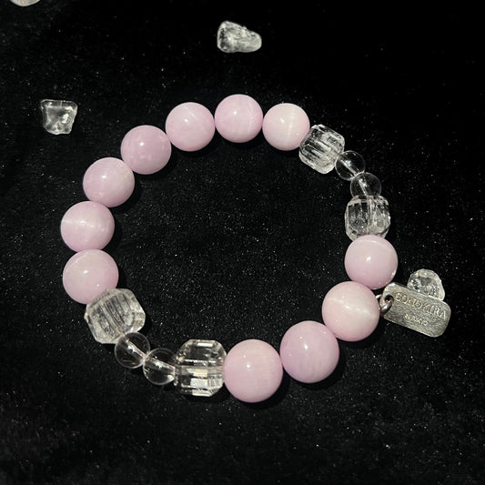 【Purple Cube】Kunzite ,Square White Crystal & Clear Quartz Crystal Bracelet(Elastic