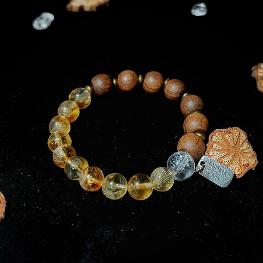【Wild Amber】 Sandalwood Polished Beads,Citrine pyramid crystal &Flash Clear Quartz With Antique Brass Accessories Crystal Bracelet (Elastic)