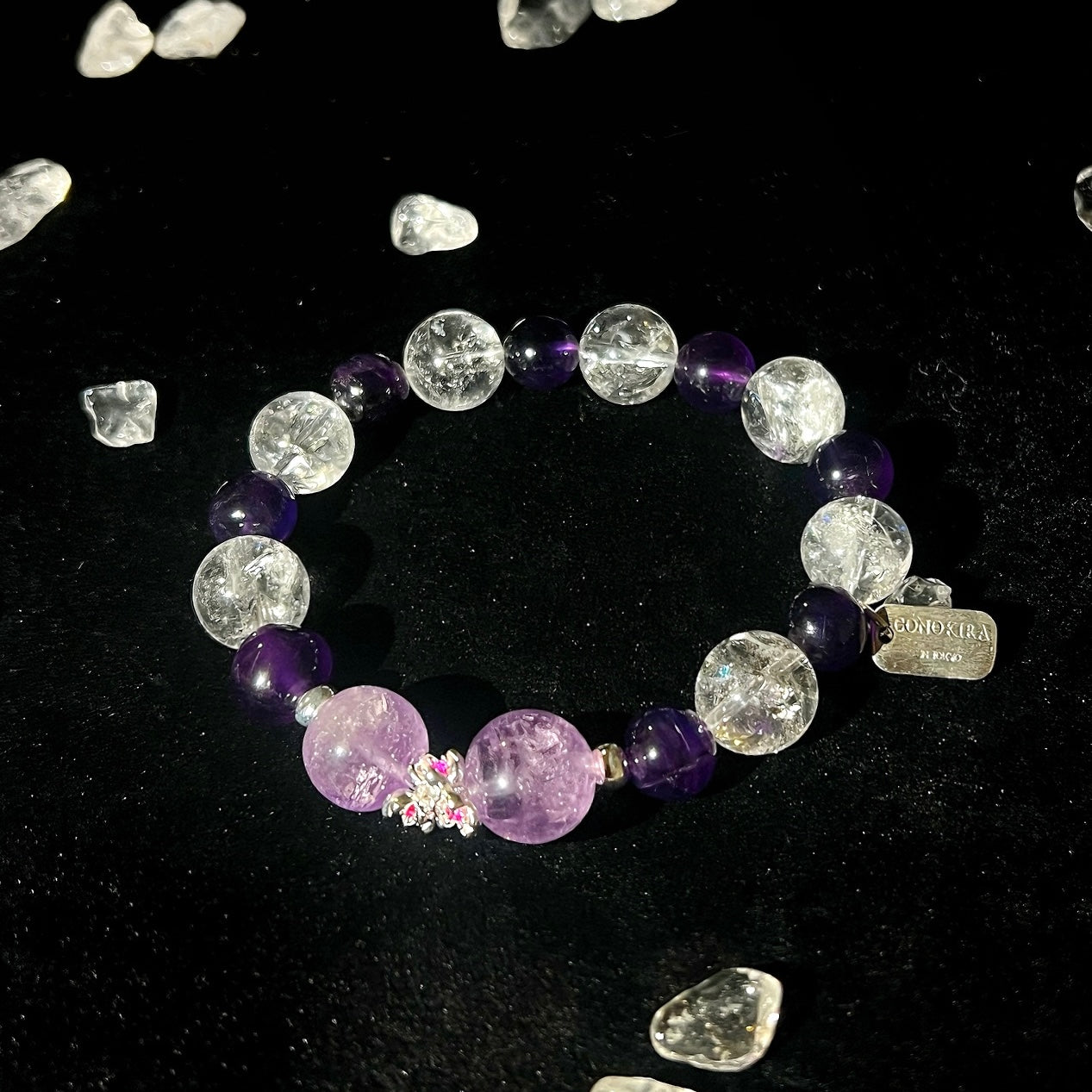 【Debutante Ball】 Prehnite, Amethyst & Flash Clear Quartz With Red Diamond Stamen Osmanthus Accessory Crystal Bracelet (Elastic)