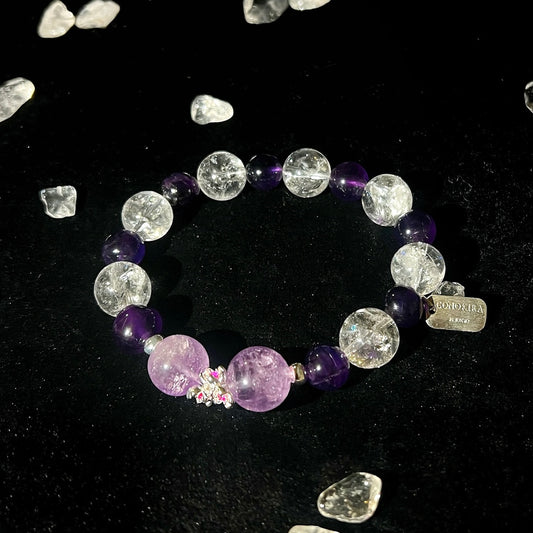 【Debutante Ball】 Prehnite, Amethyst & Flash Clear Quartz With Red Diamond Stamen Osmanthus Accessory Crystal Bracelet (Elastic)