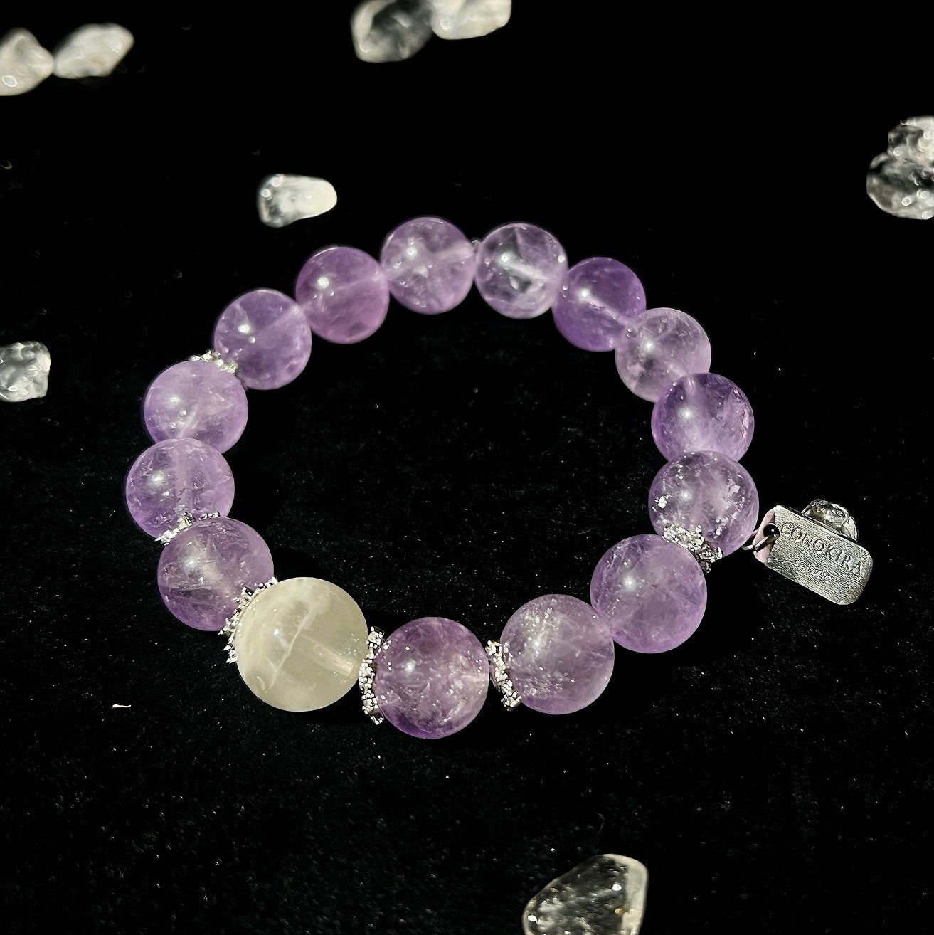 【Dream-filled Night】Lavender Quartz,Pink Phantom Quartz crystal With Diamond-studded Flower Mount Silver Jewelry Crystal Bracelet(Elastic)