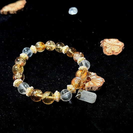 【Sun-kissed Honey】 Citrine pyramid crystal & Clear Quartz With Pearls Gold Spacer Bead Crystal Bracelet (Elastic)