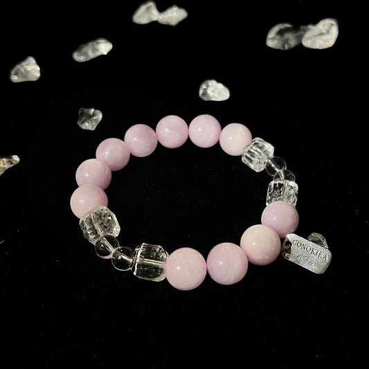 【Purple Cube】Kunzite ,Square White Crystal & Clear Quartz Crystal Bracelet(Elastic