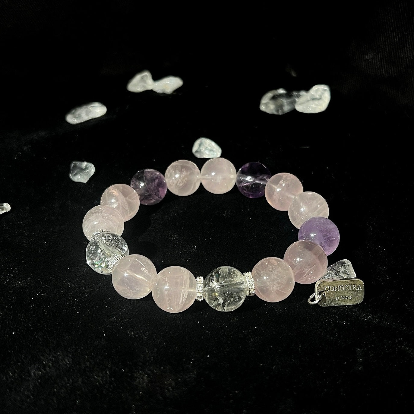 【Whirlpool of Memories】Lavender Quartz, Amethyst & Flash Clear Quartz with Sparkly Accessories Crystal Bracelet  (Elastic)