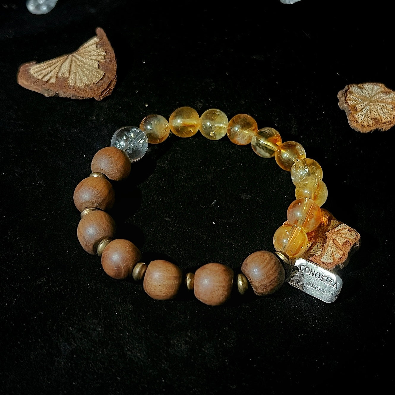 【Wild Amber】 Sandalwood Polished Beads,Citrine pyramid crystal &Flash Clear Quartz With Antique Brass Accessories Crystal Bracelet (Elastic)